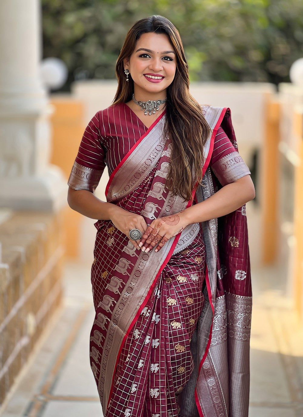 Weaving Zari Silk Maroon Saree S14348