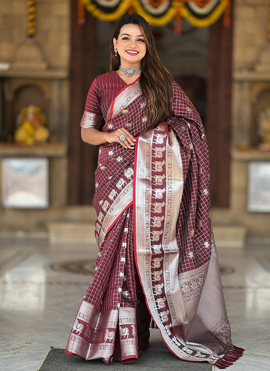 Weaving Zari Silk Maroon Saree S14348