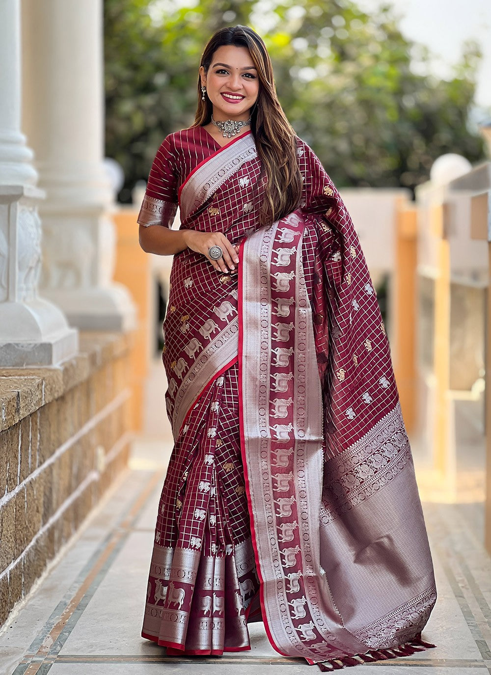 Weaving Zari Silk Maroon Saree S14348