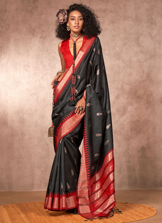 Weaving Zari Bhagalpuri Silk Black Contemporary Saree S15562