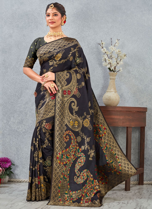 Black Banarasi Silk Contemporary Saree Weaving Zari S20128