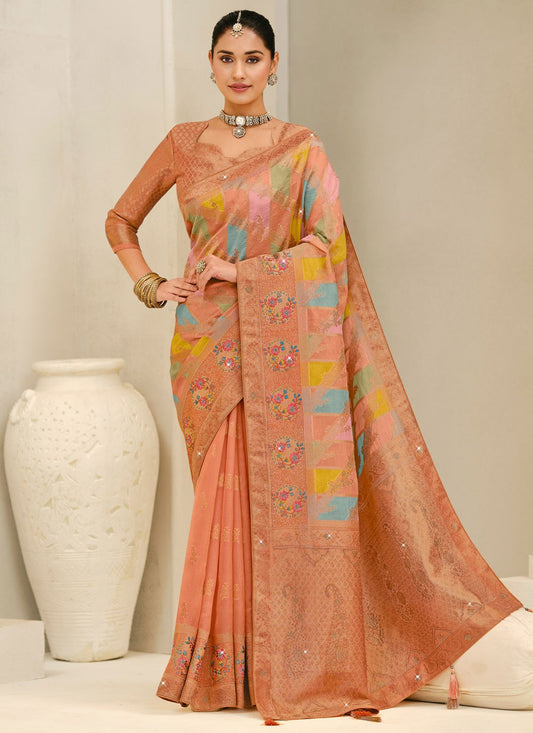 Peach Silk Contemporary Saree Weaving Zari S20181