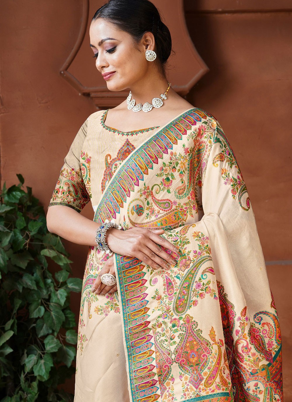 Designer Fancy Work Cream Pure Dola Saree S13127