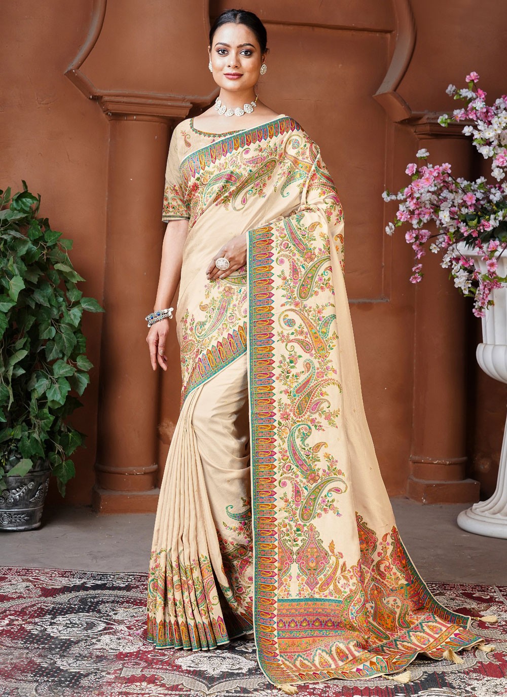 Designer Fancy Work Cream Pure Dola Saree S13127