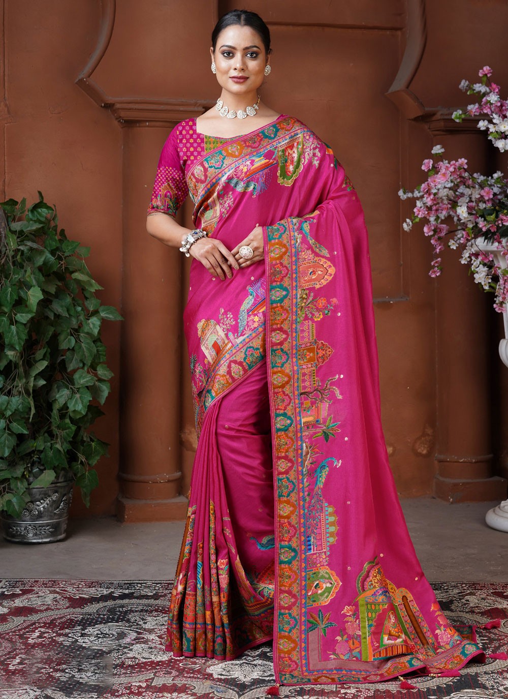Designer Fancy Work Hot Pink Pure Dola Saree S13123