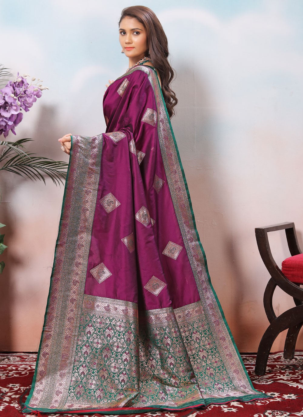 Border Work Silk Purple Designer Saree S15429