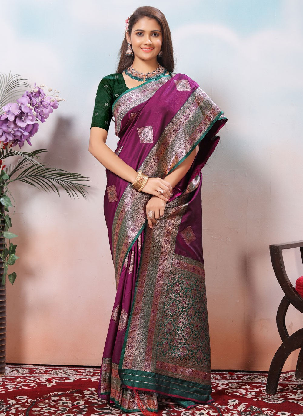 Border Work Silk Purple Designer Saree S15429