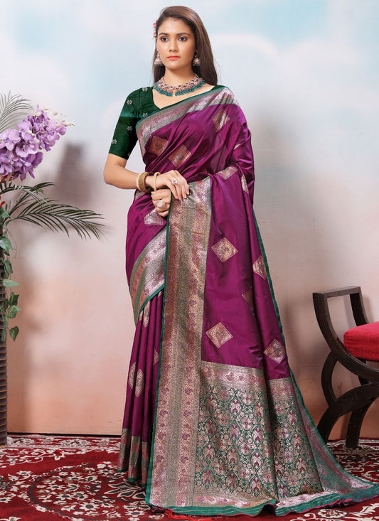 Border Work Silk Purple Designer Saree S15429