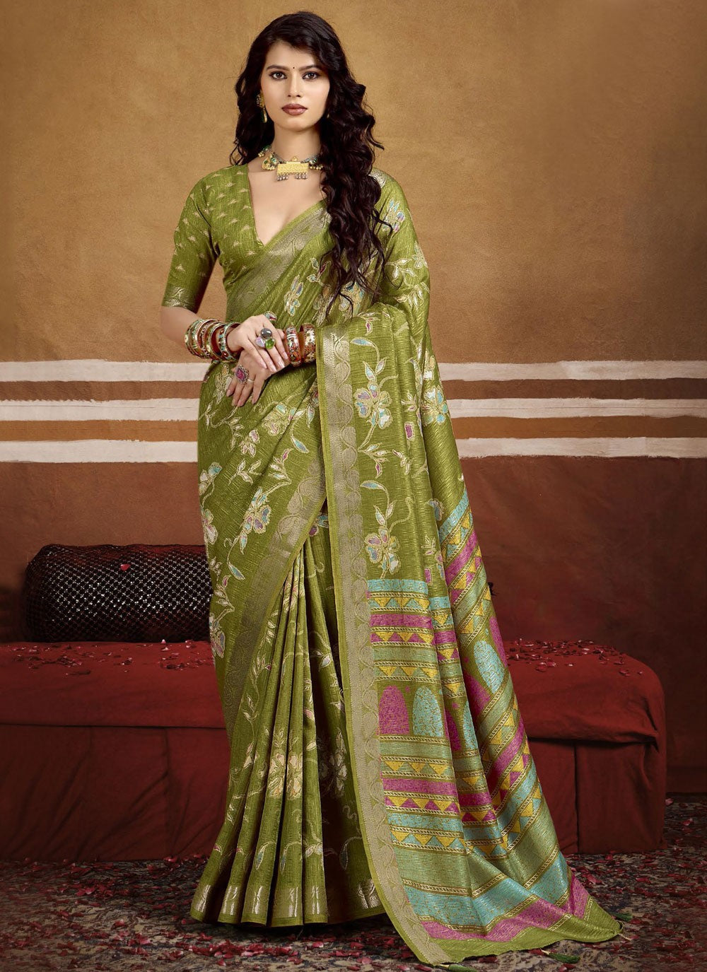 Green Silk Designer Saree Printed, Weaving Zari S16250