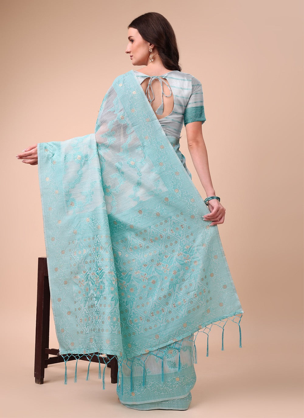 Weaving Zari Cotton Aqua Blue Classic Saree S15129
