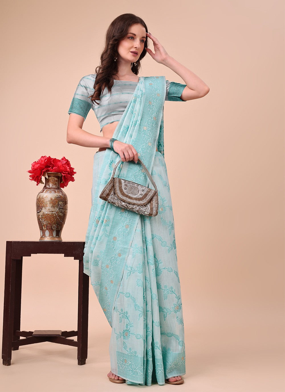 Weaving Zari Cotton Aqua Blue Classic Saree S15129