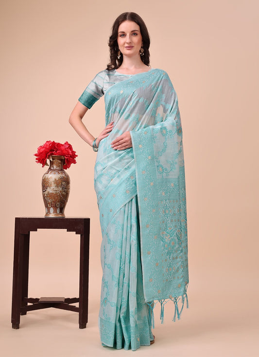 Weaving Zari Cotton Aqua Blue Classic Saree S15129