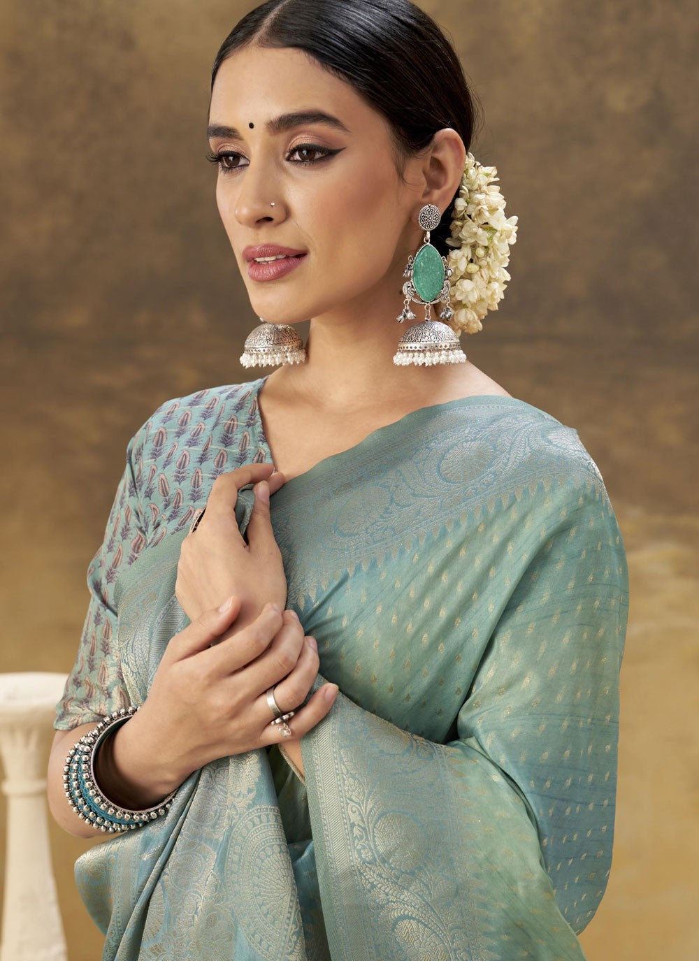 Contemporary Weaving Zari Aqua Blue Silk Saree S13313