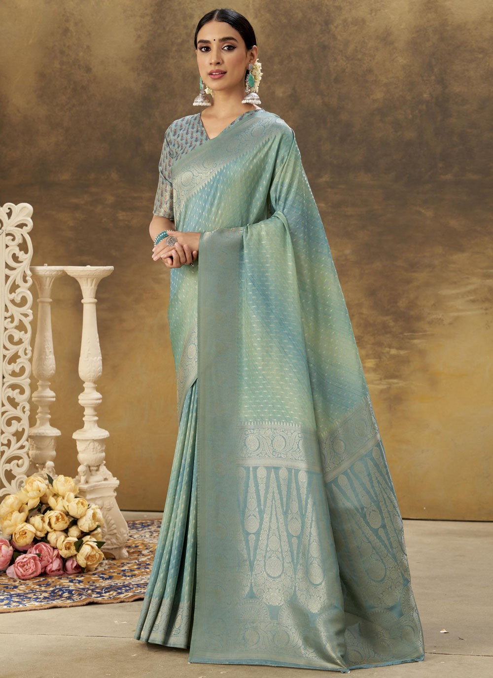 Contemporary Weaving Zari Aqua Blue Silk Saree S13313