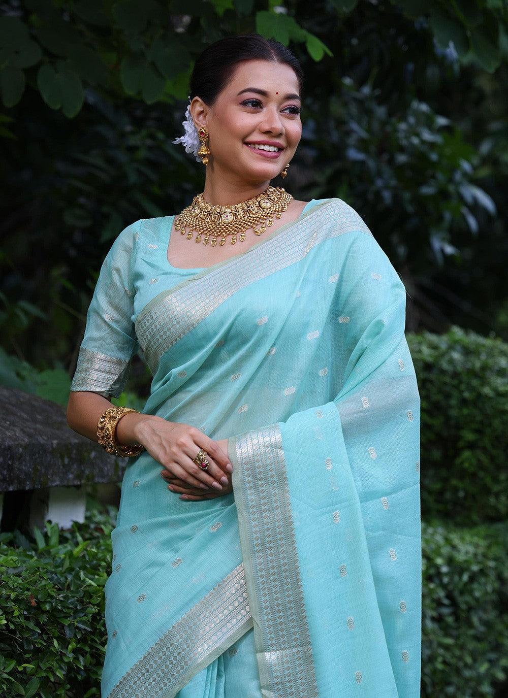 Weaving Zari Silk Aqua Blue Saree S14315