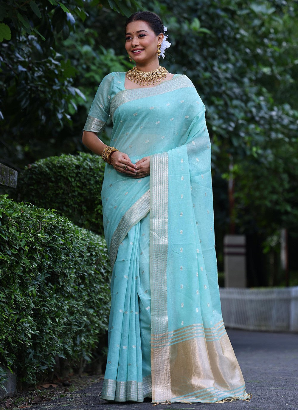 Weaving Zari Silk Aqua Blue Saree S14315