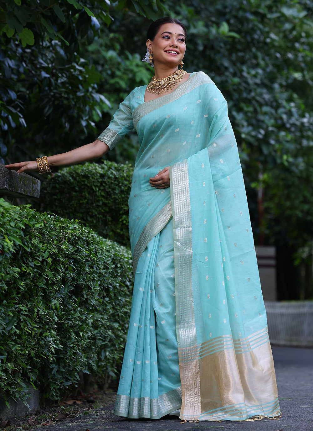 Weaving Zari Silk Aqua Blue Saree S14315