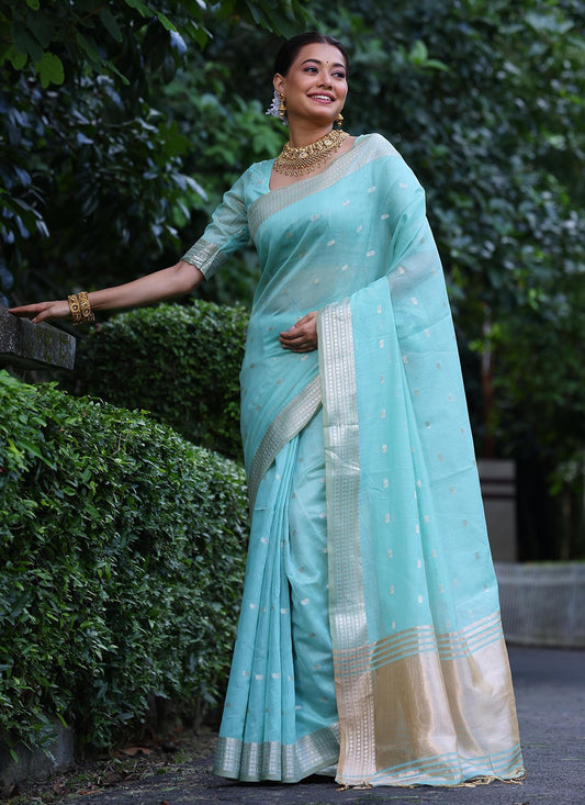 Weaving Zari Silk Aqua Blue Saree S14315