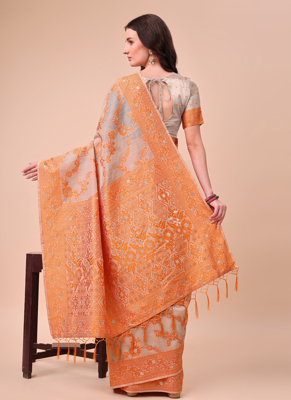 Weaving Zari Cotton Orange Contemporary Saree S15128