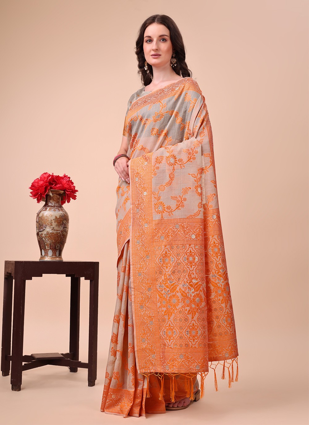 Weaving Zari Cotton Orange Contemporary Saree S15128
