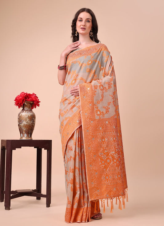 Weaving Zari Cotton Orange Contemporary Saree S15128
