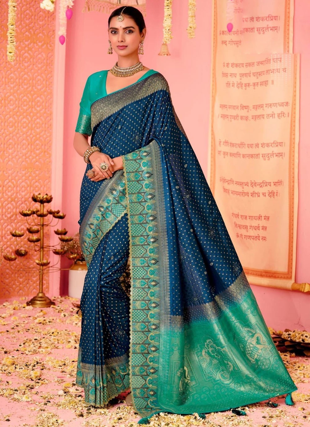 Designer Embroidered Navy Blue Pure Dola Saree S12696