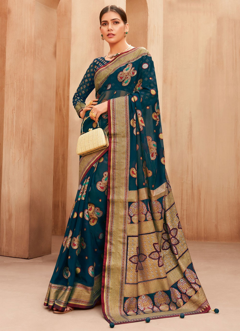 Weaving Zari Georgette Morpeach Saree S14481