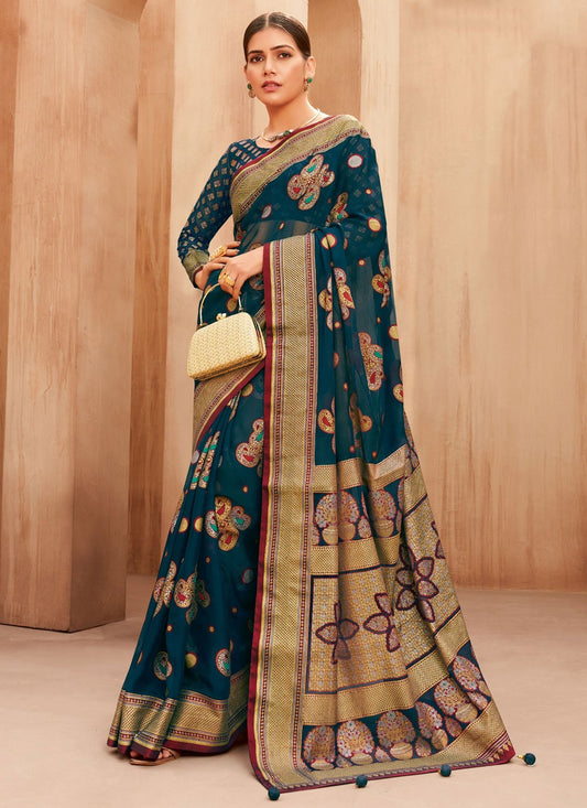 Weaving Zari Georgette Morpeach Saree S14481