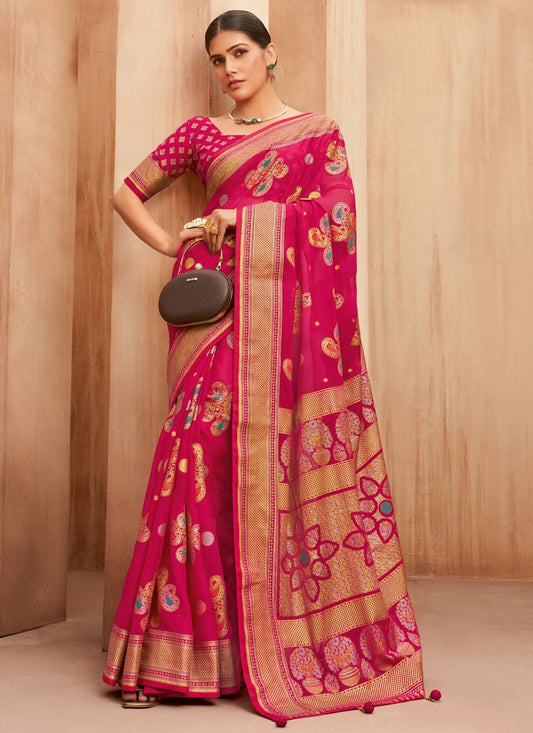 Weaving Zari Georgette Magenta Saree S14479