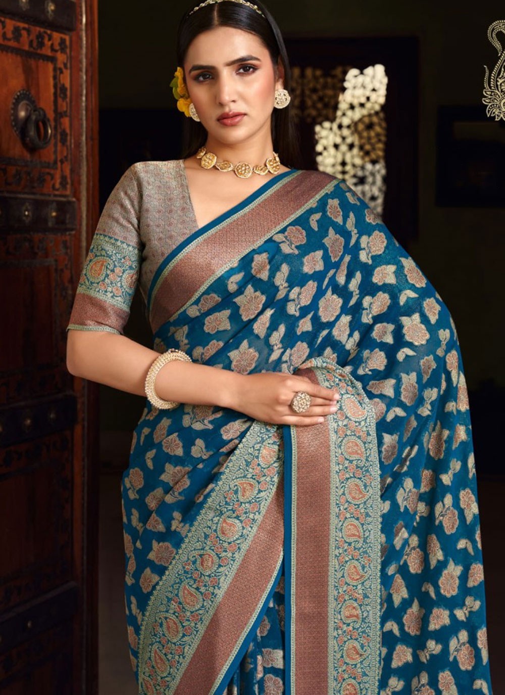 Weaving Zari Georgette Blue Classic Saree S15498