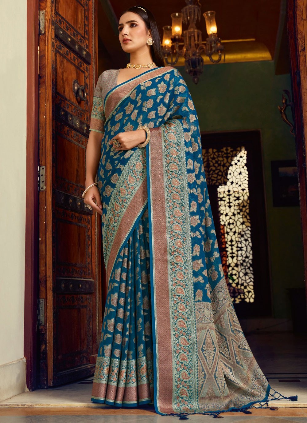 Weaving Zari Georgette Blue Classic Saree S15498