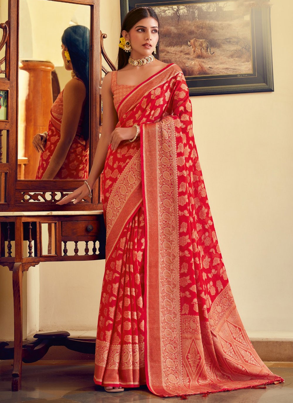 Weaving Zari Georgette Red Designer Saree S15495