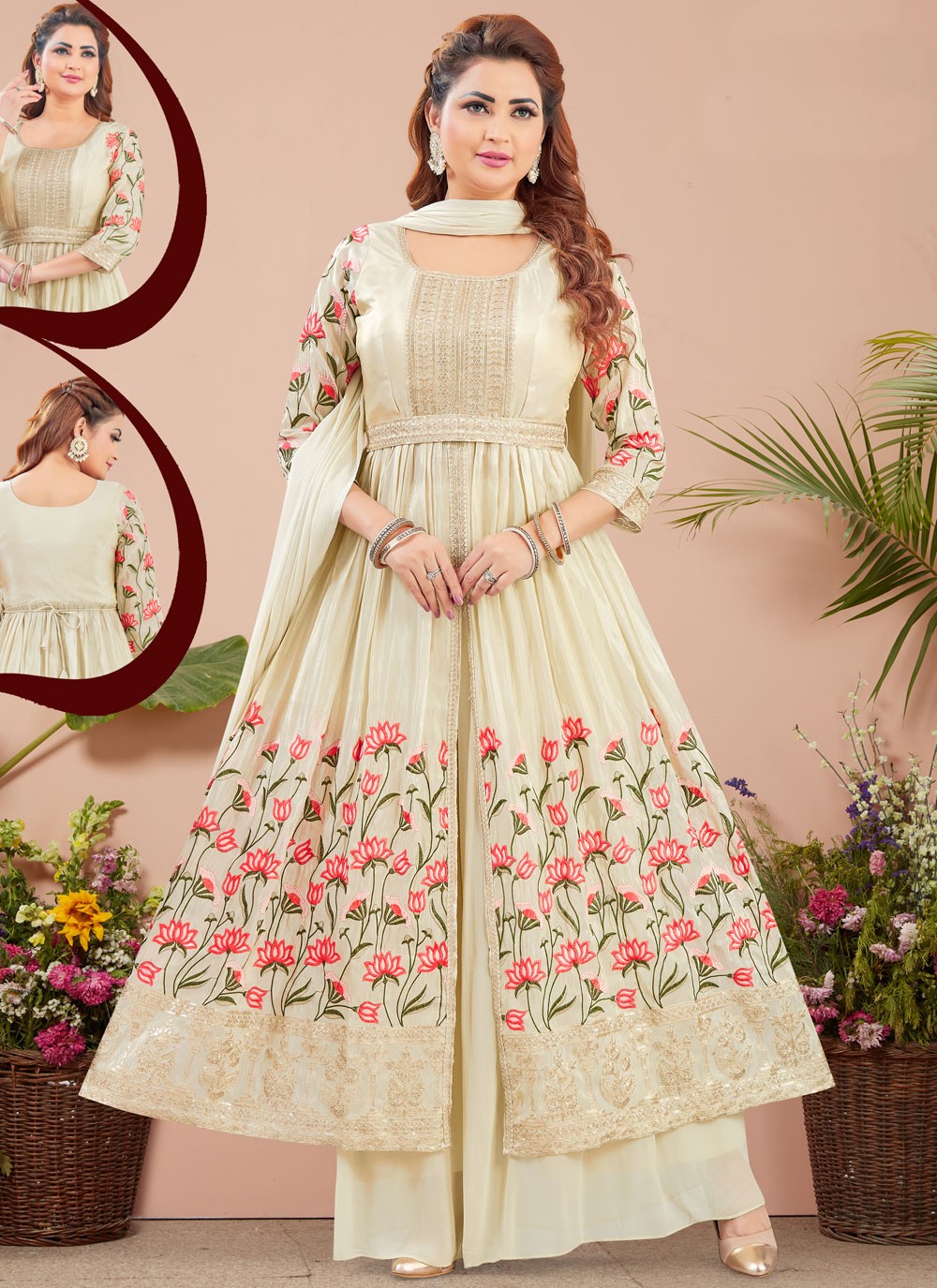 Salwar Suit Weaving Zari Cream Georgette T5222