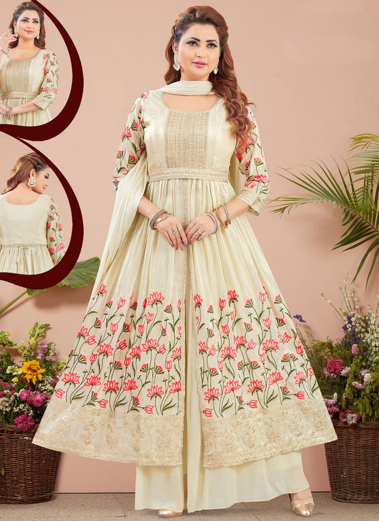 Salwar Suit Weaving Zari Cream Georgette T5222