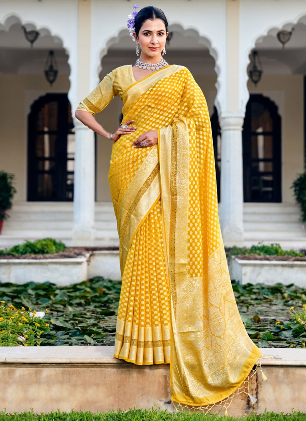 Yellow Georgette Contemporary Saree Weaving Zari S20322