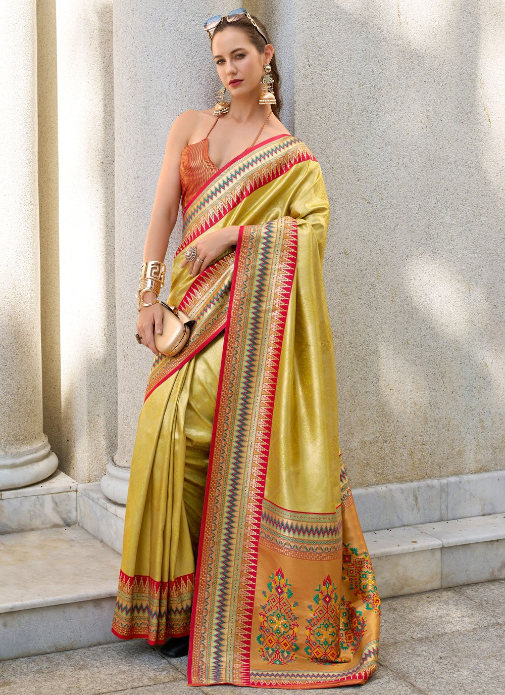 Designer Weaving Zari Green, Mustard Silk Saree S13169