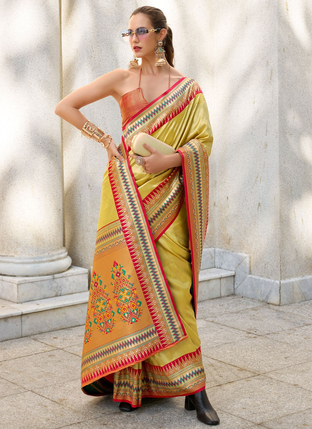 Designer Weaving Zari Green, Mustard Silk Saree S13169