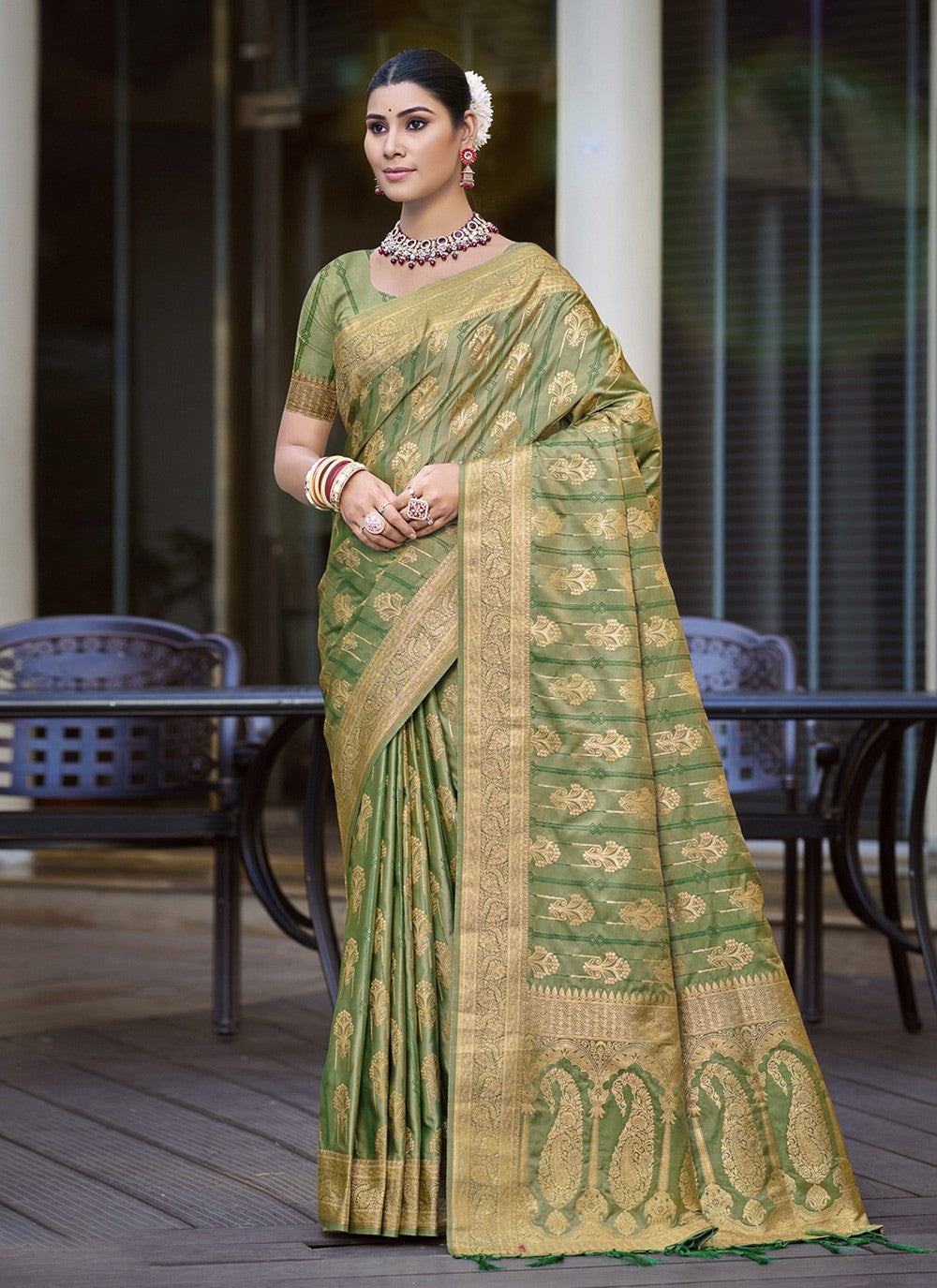Contemporary Weaving Zari Green Satin Silk S12716