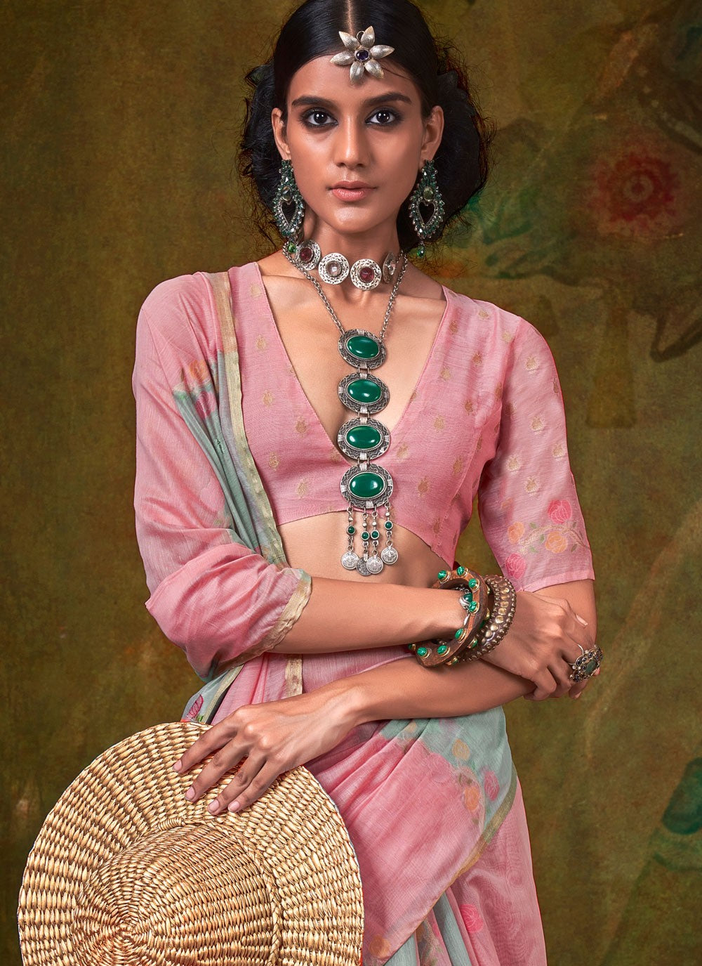 Designer Weaving Zari Grey, Pink Handloom Cotton Saree S13610