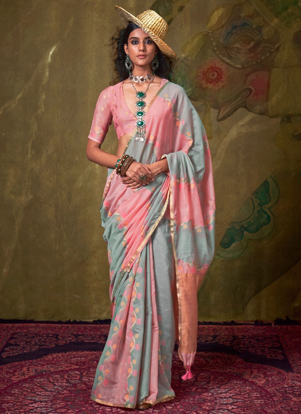 Designer Weaving Zari Grey, Pink Handloom Cotton Saree S13610