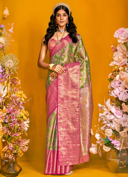 Weaving Zari Handloom Silk Green Saree S14440