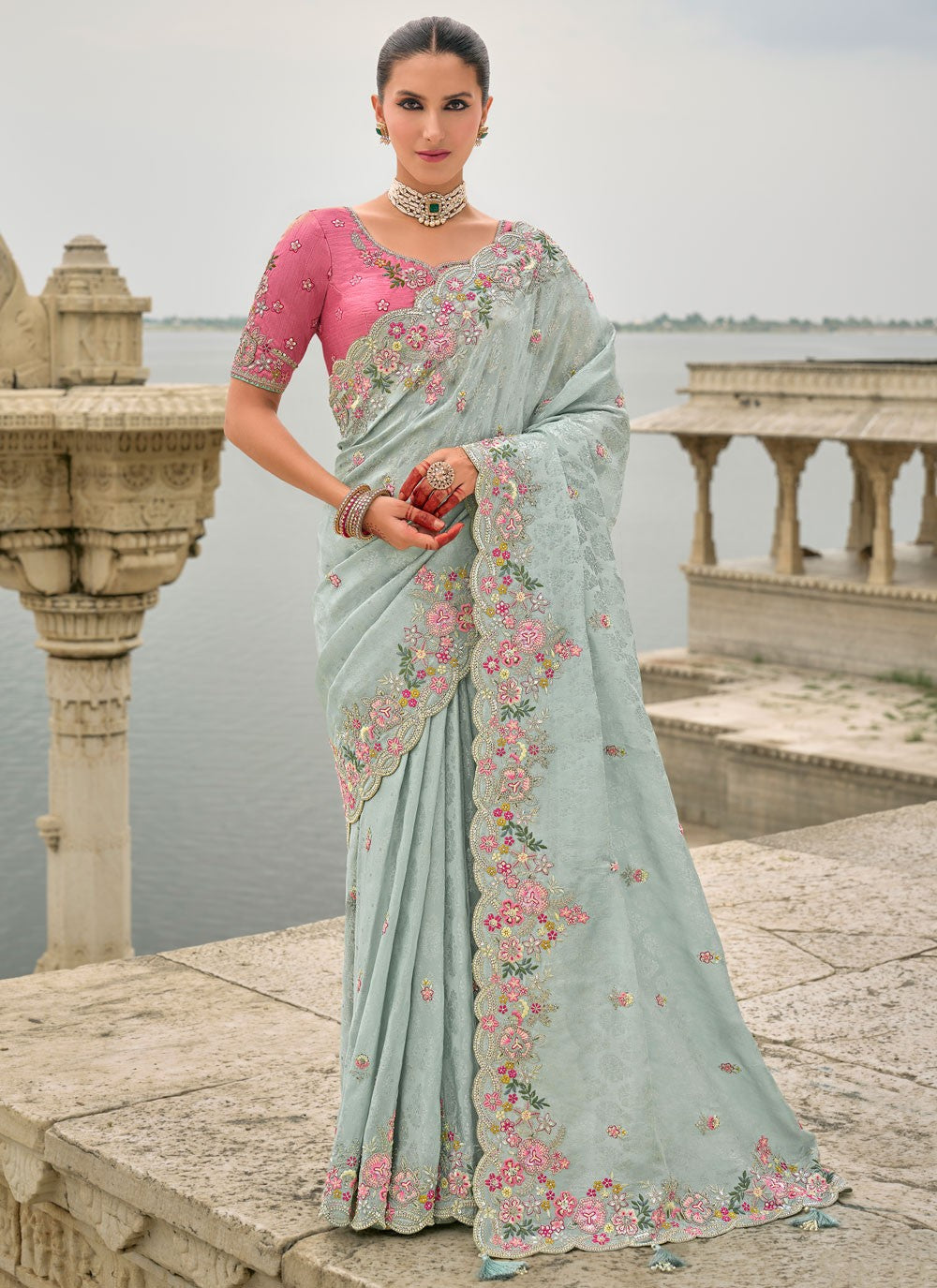 Embroidered Jacquard Aqua Blue Saree S14810