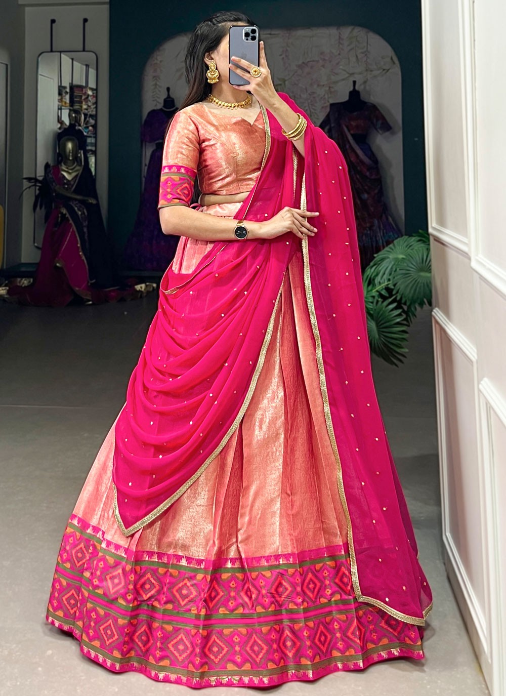 Jacquard Silk Mehandi & Sangeet A - Line Lehenga L3553