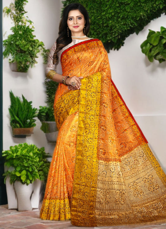 Weaving Zari Kanjivaram Silk Orange Designer Saree S15539