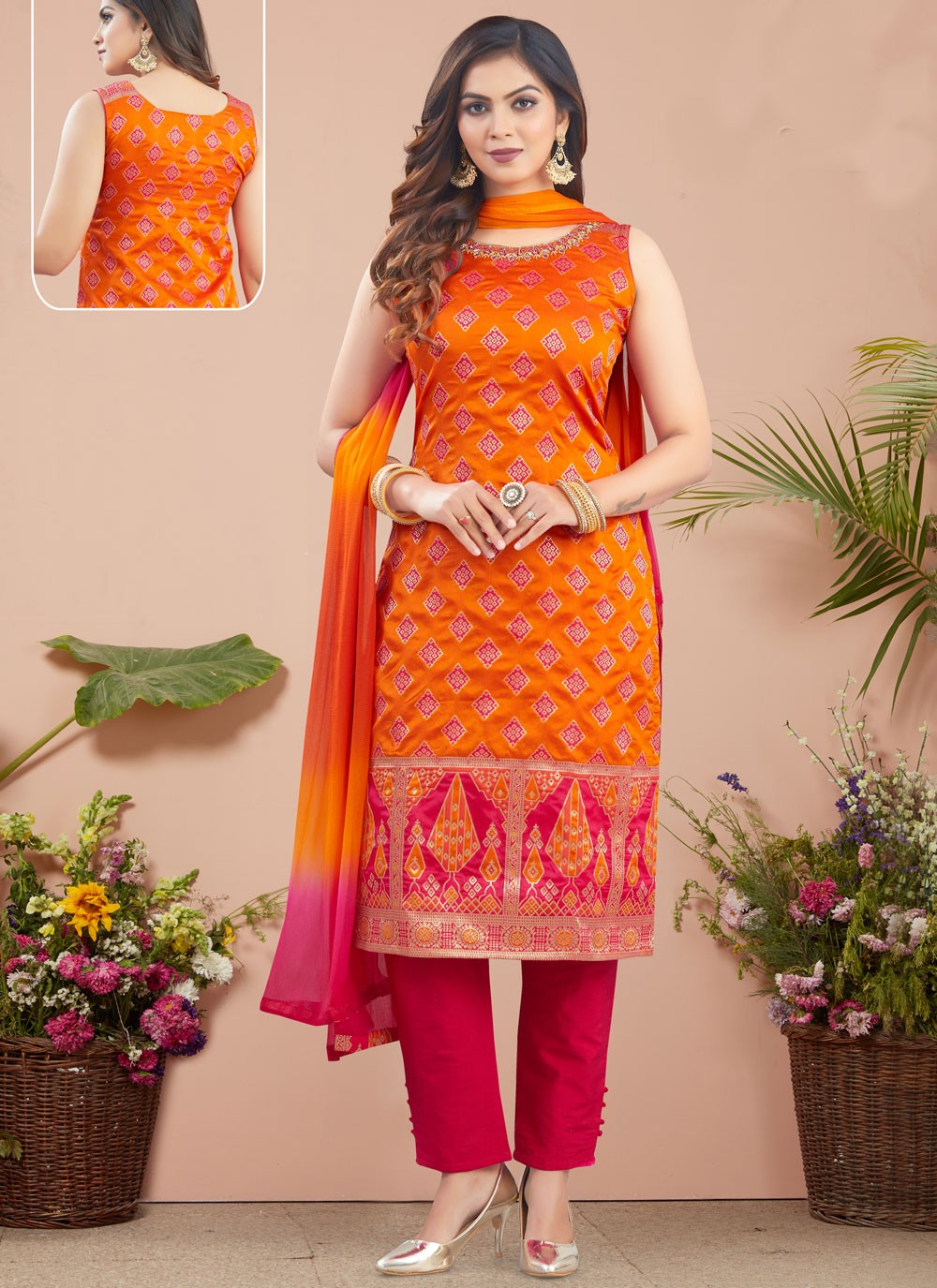 Pant Style Suit Weaving Zari Orange Silk T5227