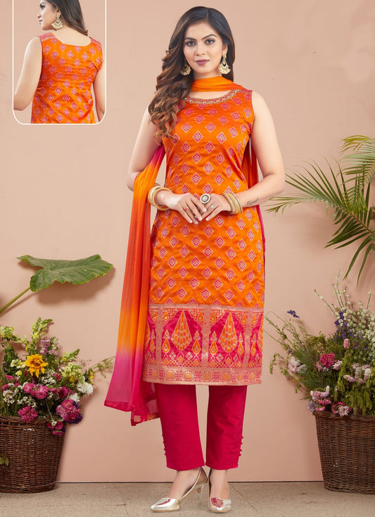 Pant Style Suit Weaving Zari Orange Silk T5227