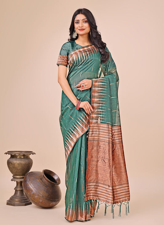 Weaving Zari Cotton Sea Green Classic Saree S15139