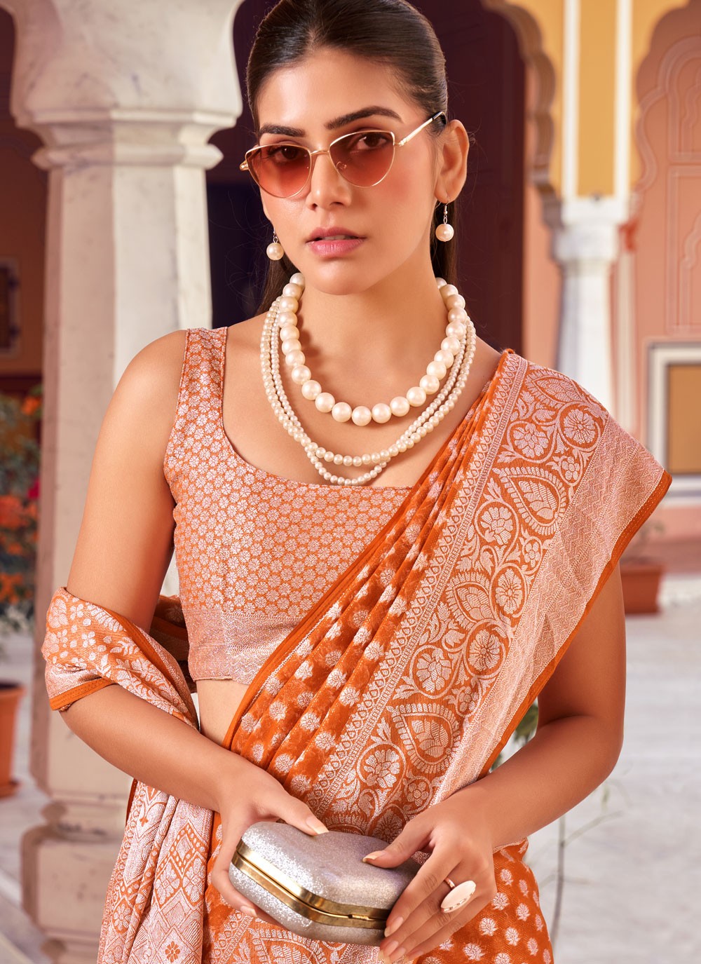 Orange Georgette Trendy Saree Weaving Zari S17642