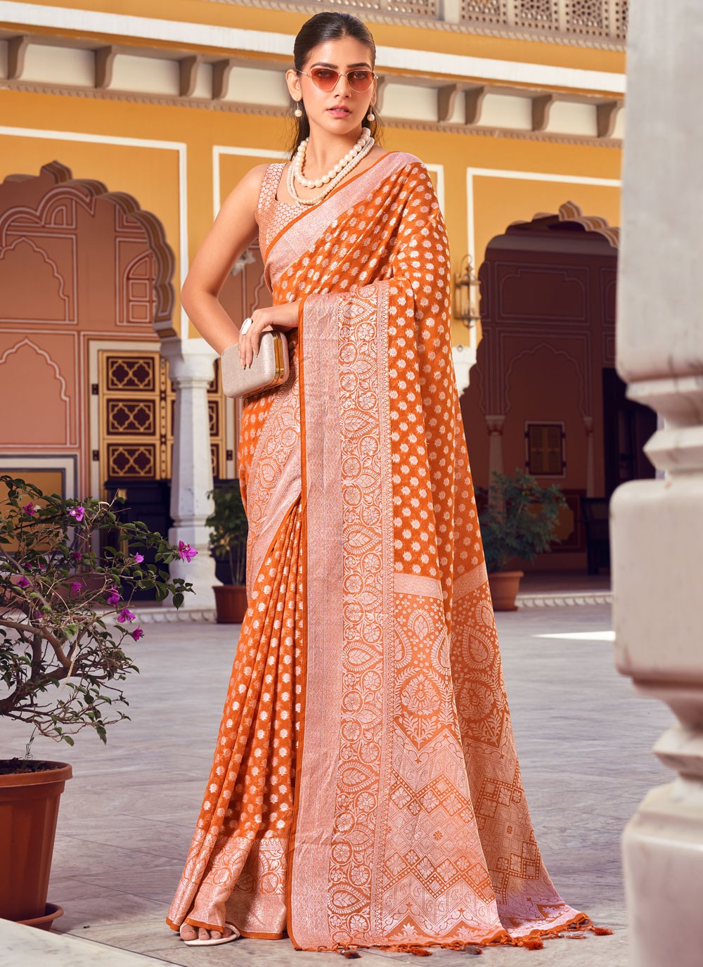 Orange Georgette Trendy Saree Weaving Zari S17642
