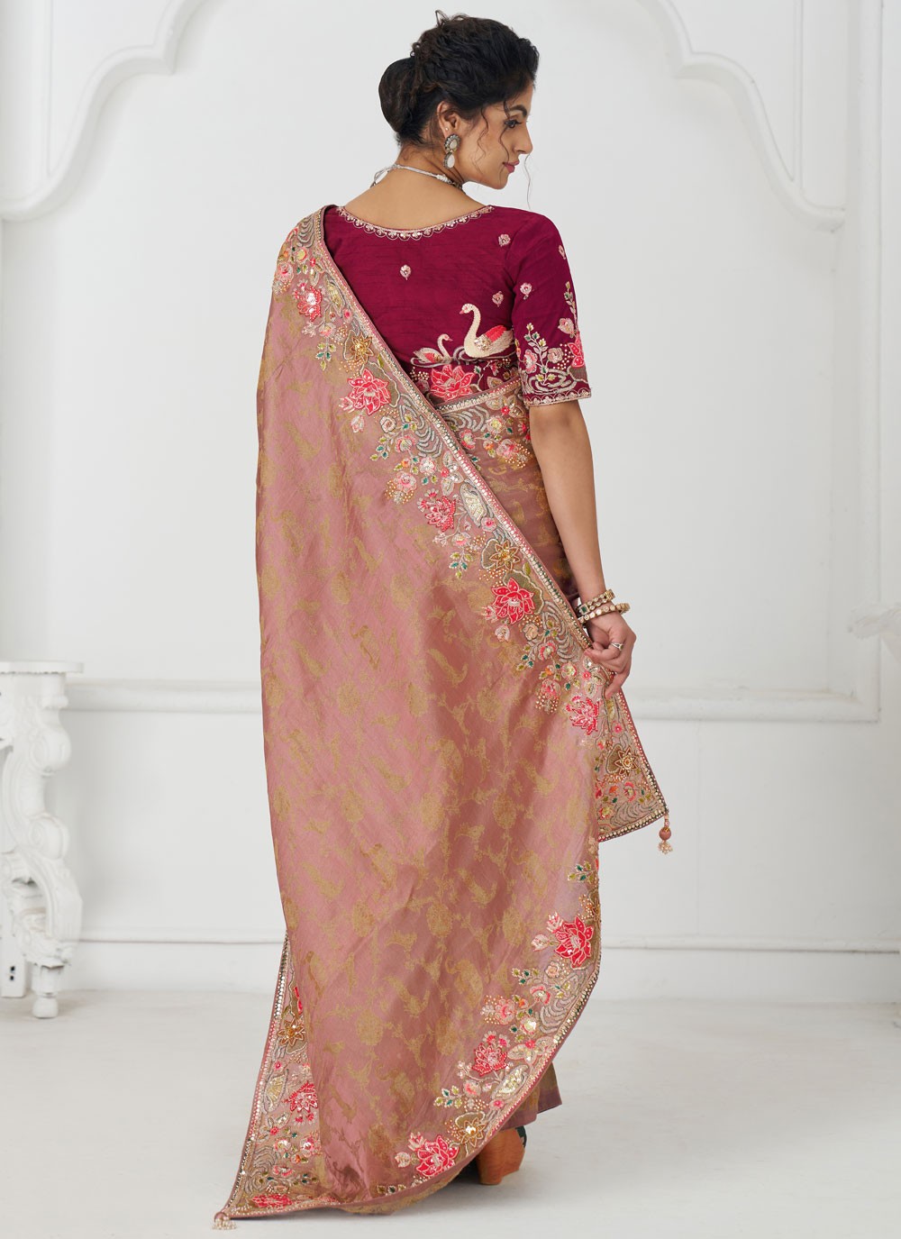 Embroidered Pure Dola Peach Designer Saree S15643